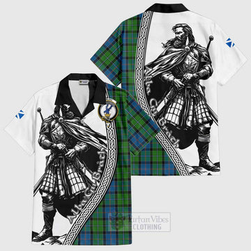 Stirling Tartan Clan Crest Short Sleeve Button Shirt with Highlander Warrior Celtic Style