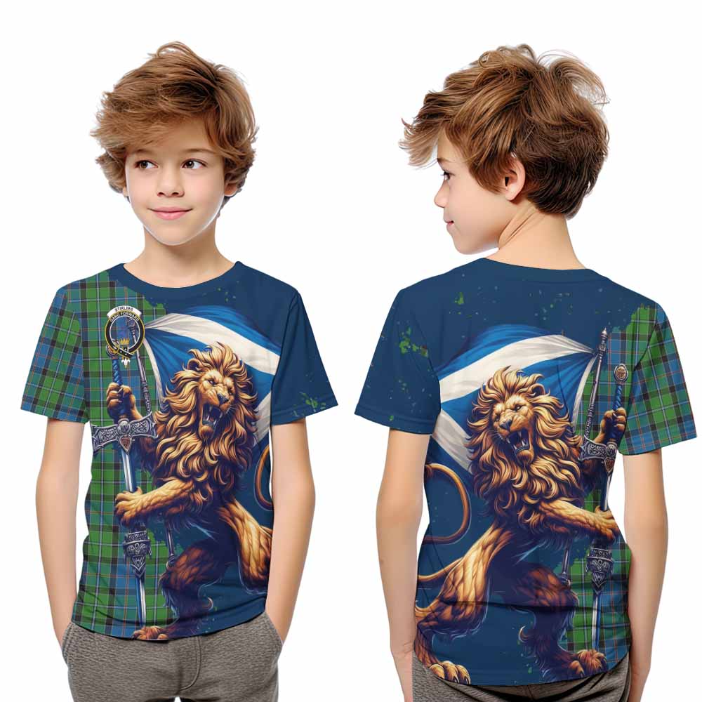 Stirling Tartan Family Crest Kid T-Shirt with Scottish Majestic Lion Youth XL Size14 - Tartan Vibes Clothing
