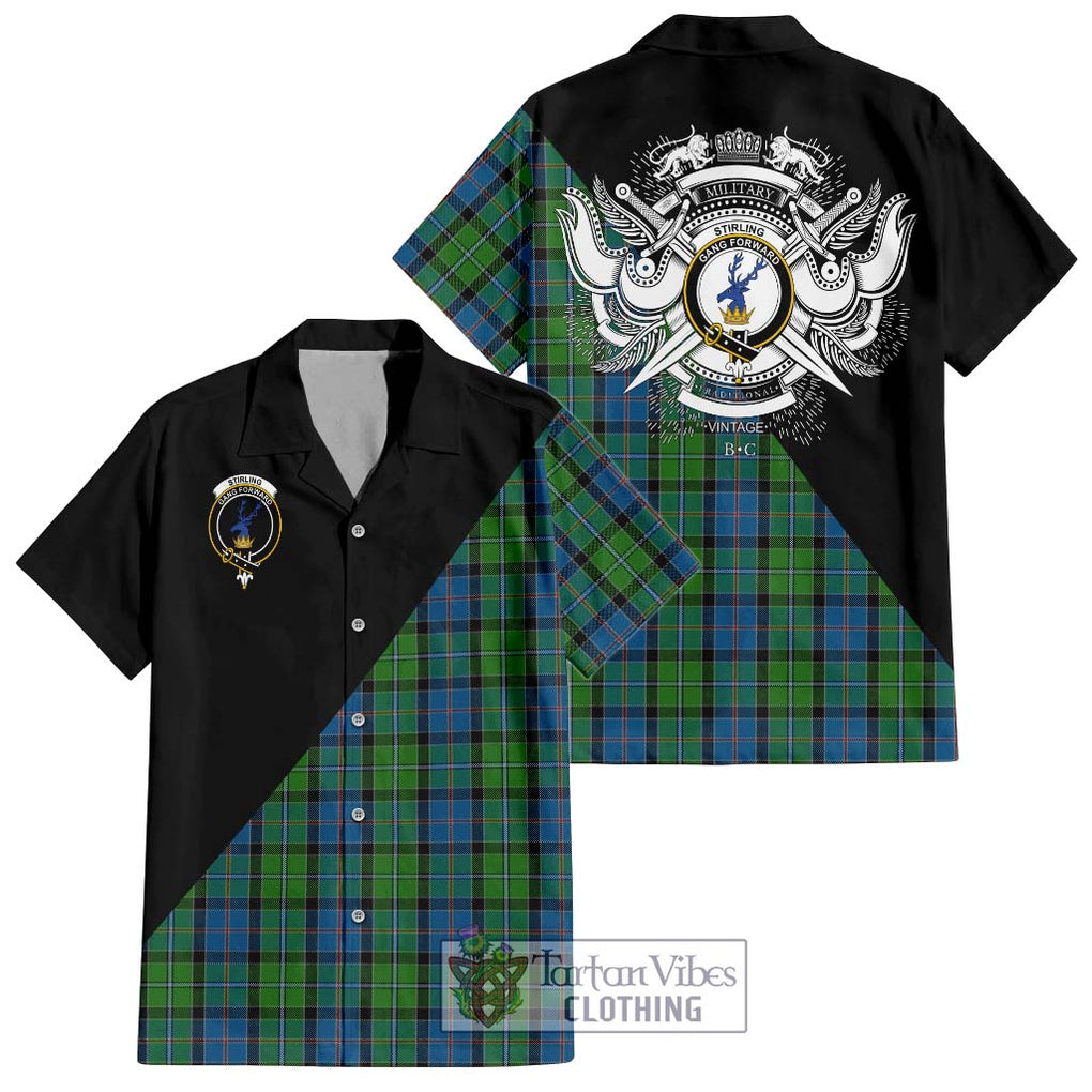 Stirling Tartan Short Sleeve Button Shirt with Family Crest and Military Logo Style Kid - Tartanvibesclothing Shop