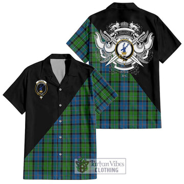 Stirling Tartan Short Sleeve Button Shirt with Family Crest and Military Logo Style