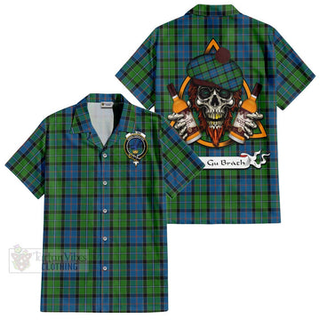 Stirling Tartan Short Sleeve Button Shirt with Family Crest and Bearded Skull Holding Bottles of Whiskey