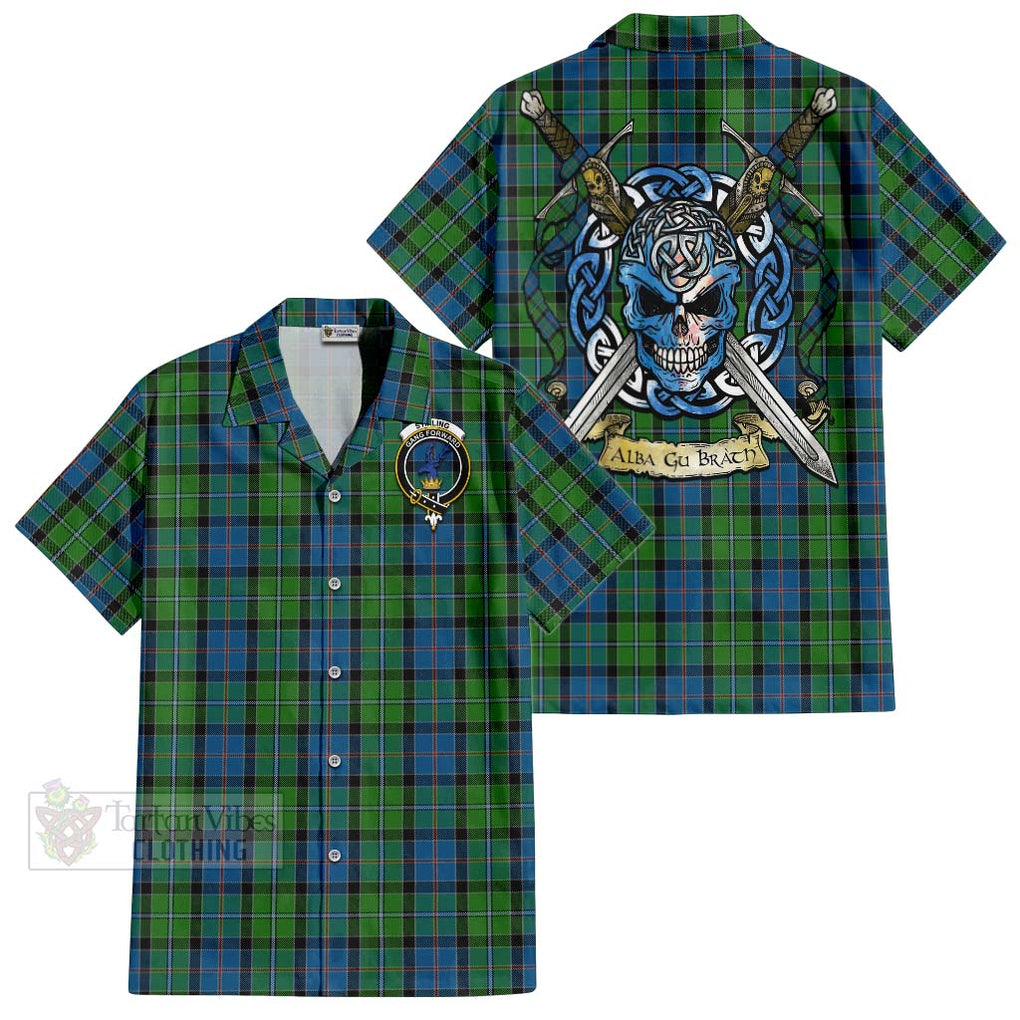 Tartan Vibes Clothing Stirling Tartan Short Sleeve Button Shirt with Family Crest Celtic Skull Style