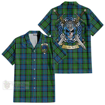 Stirling Tartan Short Sleeve Button Shirt with Family Crest Celtic Skull Style