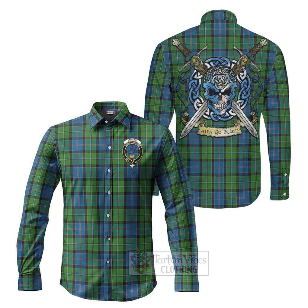 Tartan Vibes Clothing Stirling Tartan Long Sleeve Button Shirt with Family Crest Celtic Skull Style