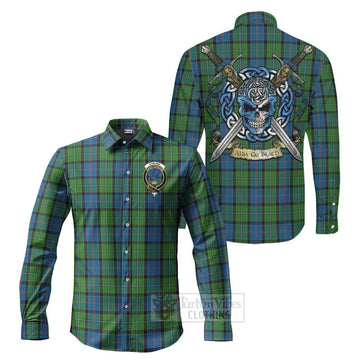 Stirling Tartan Long Sleeve Button Shirt with Family Crest Celtic Skull Style