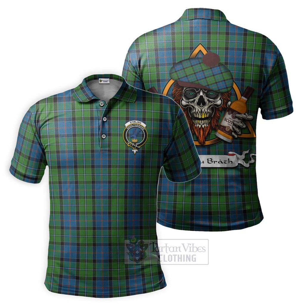 Tartan Vibes Clothing Stirling Tartan Polo Shirt with Family Crest and Bearded Skull Holding Bottles of Whiskey