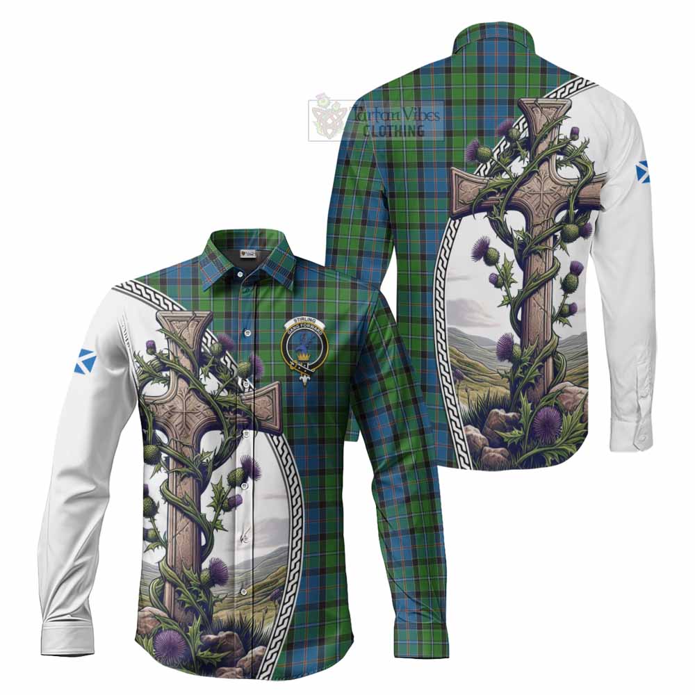 Stirling Tartan Long Sleeve Button Shirt with Family Crest and St. Andrew's Cross Accented by Thistle Vines Men's Shirt S - Tartan Vibes Clothing