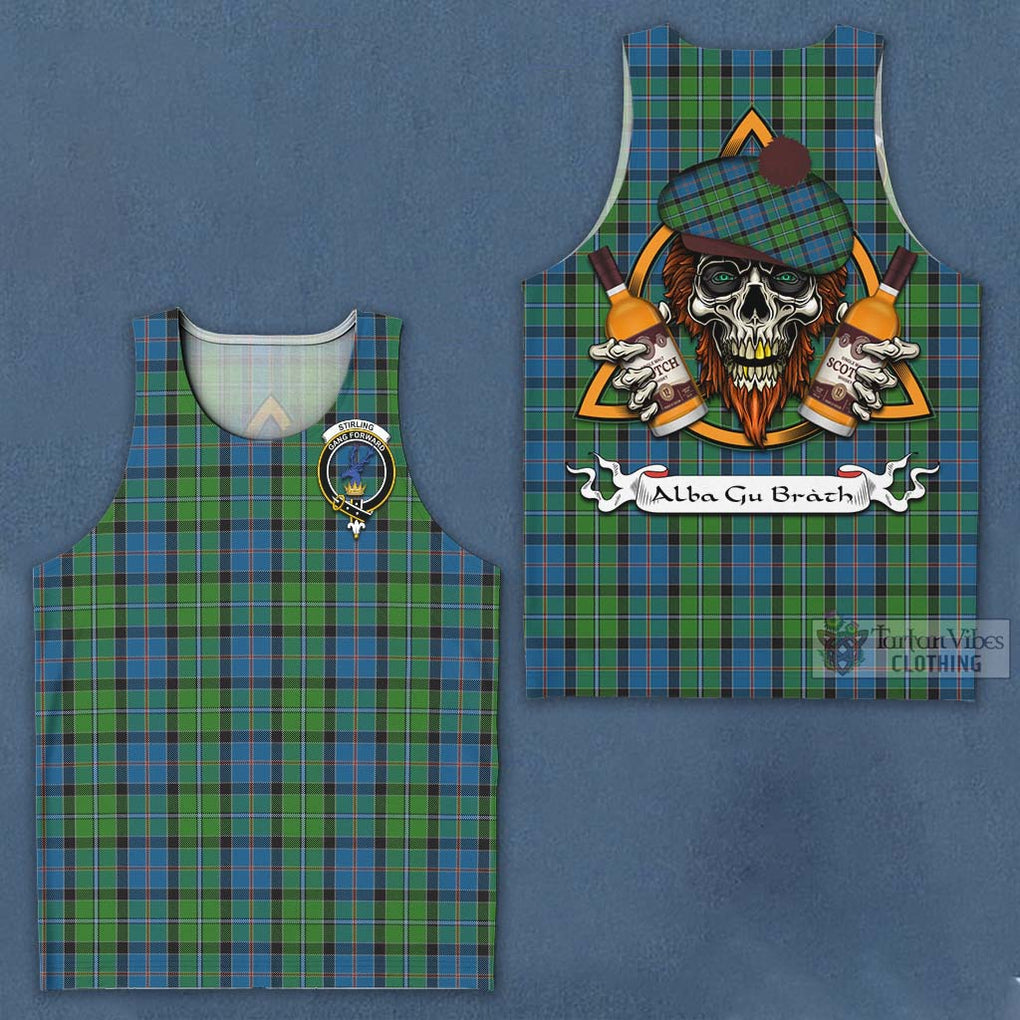 Tartan Vibes Clothing Stirling Tartan Men's Tank Top with Family Crest and Bearded Skull Holding Bottles of Whiskey