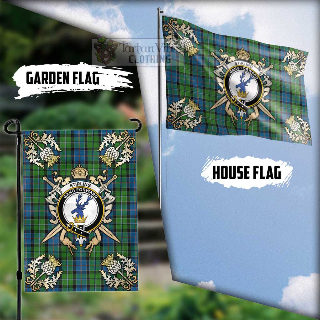 Tartan Vibes Clothing Stirling Tartan Flag with Family Crest and Golden Thistle Crossed Sword Design