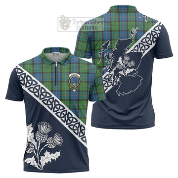 Stirling Tartan Zipper Polo Shirt Featuring Thistle and Scotland Map Unisex - Tartanvibesclothing Store