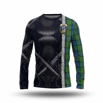 Stirling Tartan Long Sleeve T-Shirt with Family Crest Cross Sword Thistle Celtic Vibes