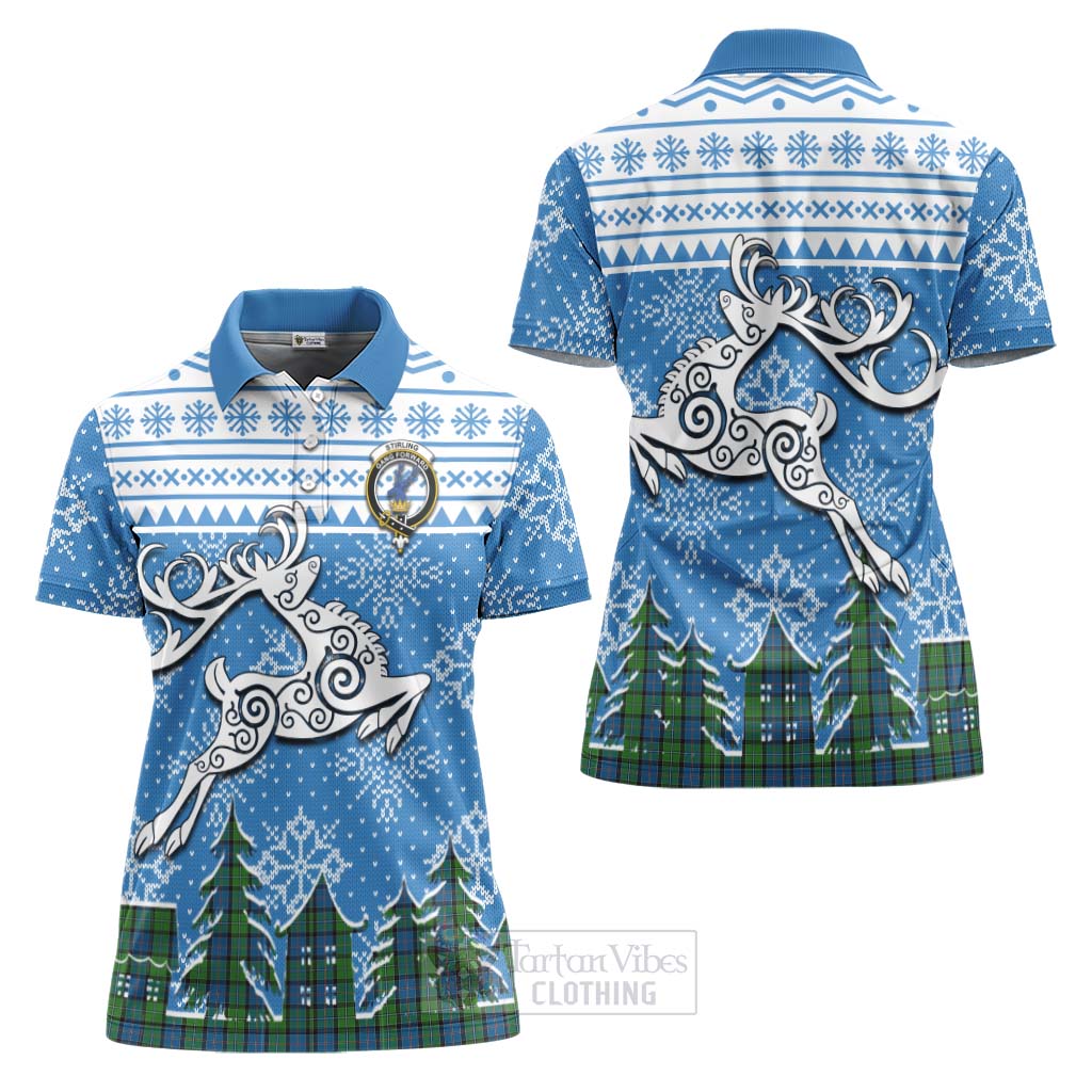 Stirling Clan Christmas Women's Polo Shirt Celtic Reindeer Style Women - Tartan Vibes Clothing
