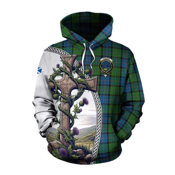 Stirling Tartan Cotton Hoodie with Family Crest and St. Andrew's Cross Accented by Thistle Vines Pullover Hoodie XS - Tartan Vibes Clothing