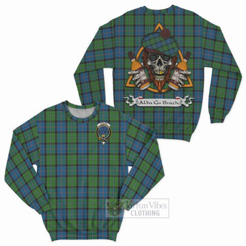 Stirling Tartan Sweatshirt with Family Crest and Bearded Skull Holding Bottles of Whiskey Unisex - Tartan Vibes Clothing