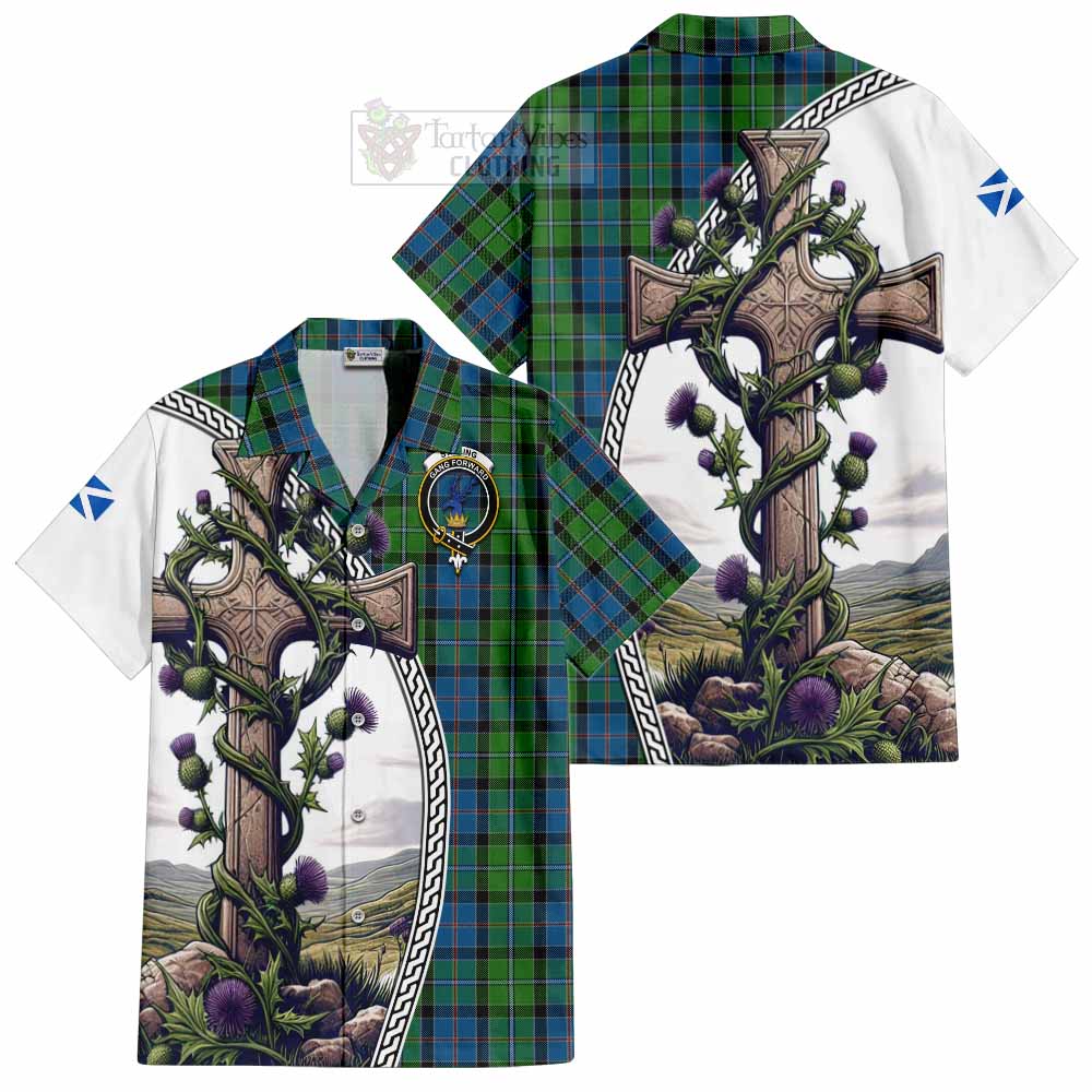 Tartan Vibes Clothing Stirling Tartan Short Sleeve Button Shirt with Family Crest and St. Andrew's Cross Accented by Thistle Vines