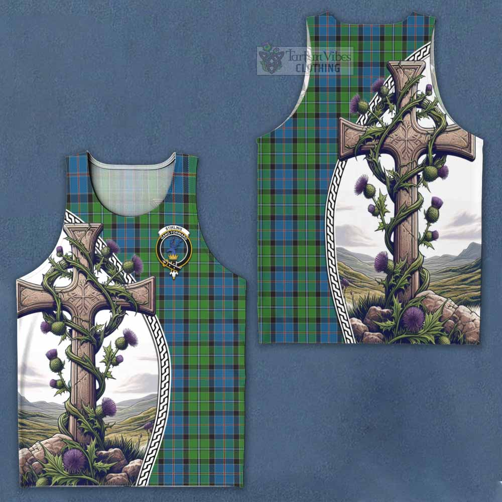 Tartan Vibes Clothing Stirling Tartan Men's Tank Top with Family Crest and St. Andrew's Cross Accented by Thistle Vines