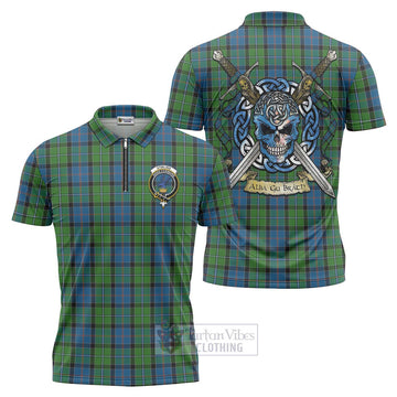 Stirling Tartan Zipper Polo Shirt with Family Crest Celtic Skull Style Unisex - Tartan Vibes Clothing