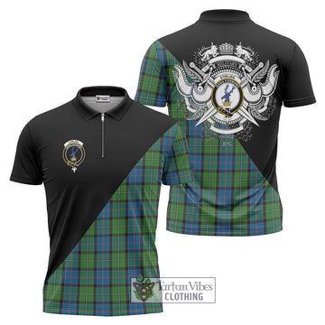 Stirling Tartan Zipper Polo Shirt with Family Crest and Military Logo Style Unisex - Tartan Vibes Clothing