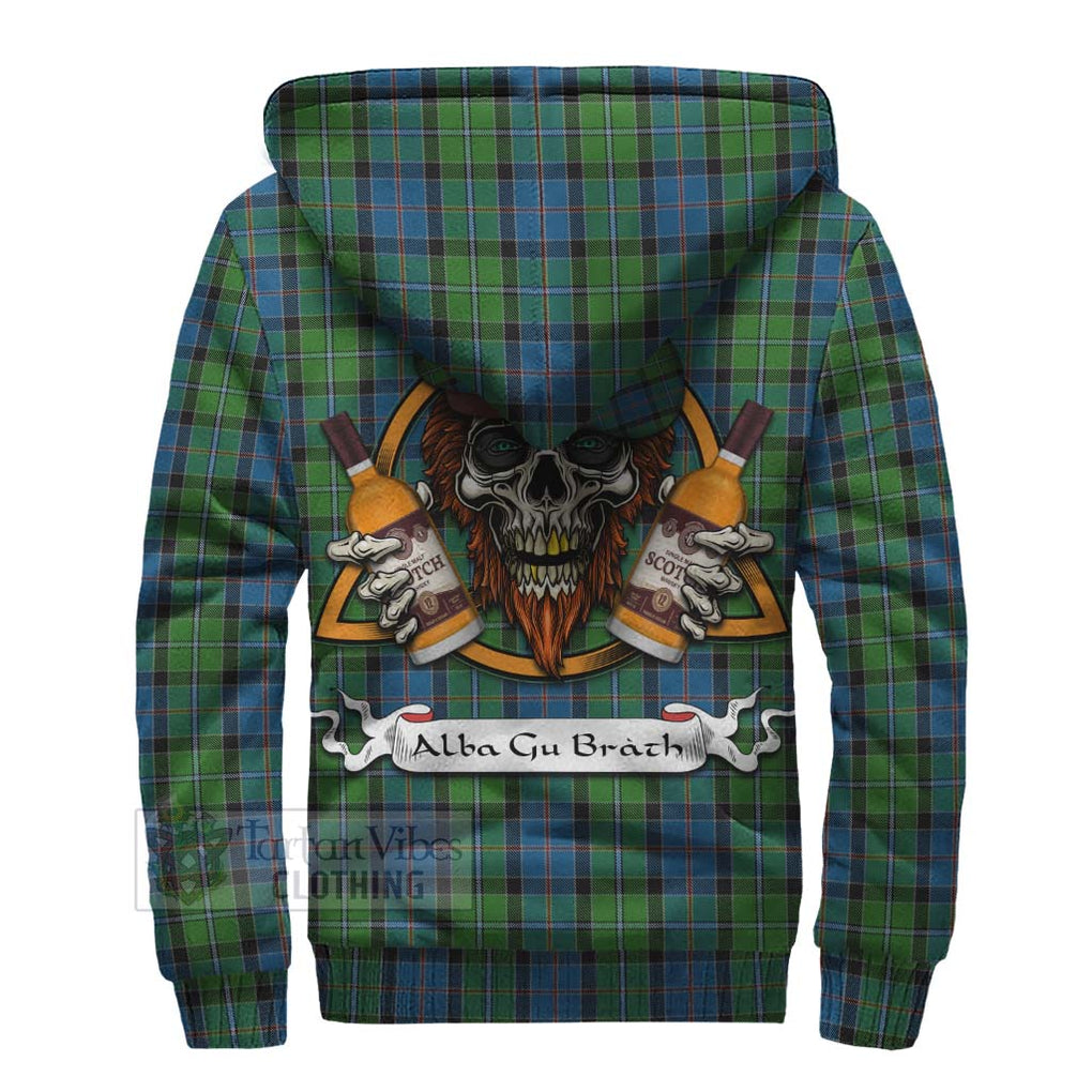 Tartan Vibes Clothing Stirling Tartan Sherpa Hoodie with Family Crest and Bearded Skull Holding Bottles of Whiskey