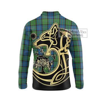 Stirling Tartan Long Sleeve Polo Shirt with Family Crest Celtic Wolf Style - Tartan Vibes Clothing