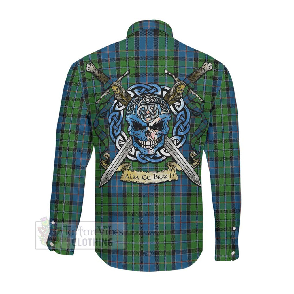 Tartan Vibes Clothing Stirling Tartan Long Sleeve Button Shirt with Family Crest Celtic Skull Style