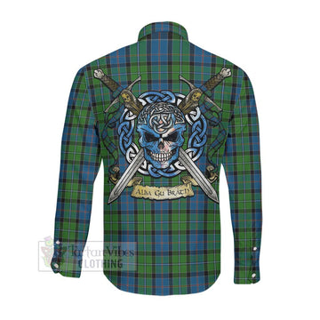 Stirling Tartan Long Sleeve Button Shirt with Family Crest Celtic Skull Style