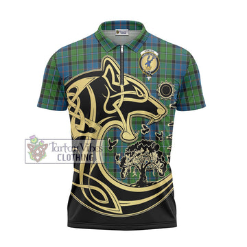Stirling Tartan Zipper Polo Shirt with Family Crest Celtic Wolf Style - Tartan Vibes Clothing