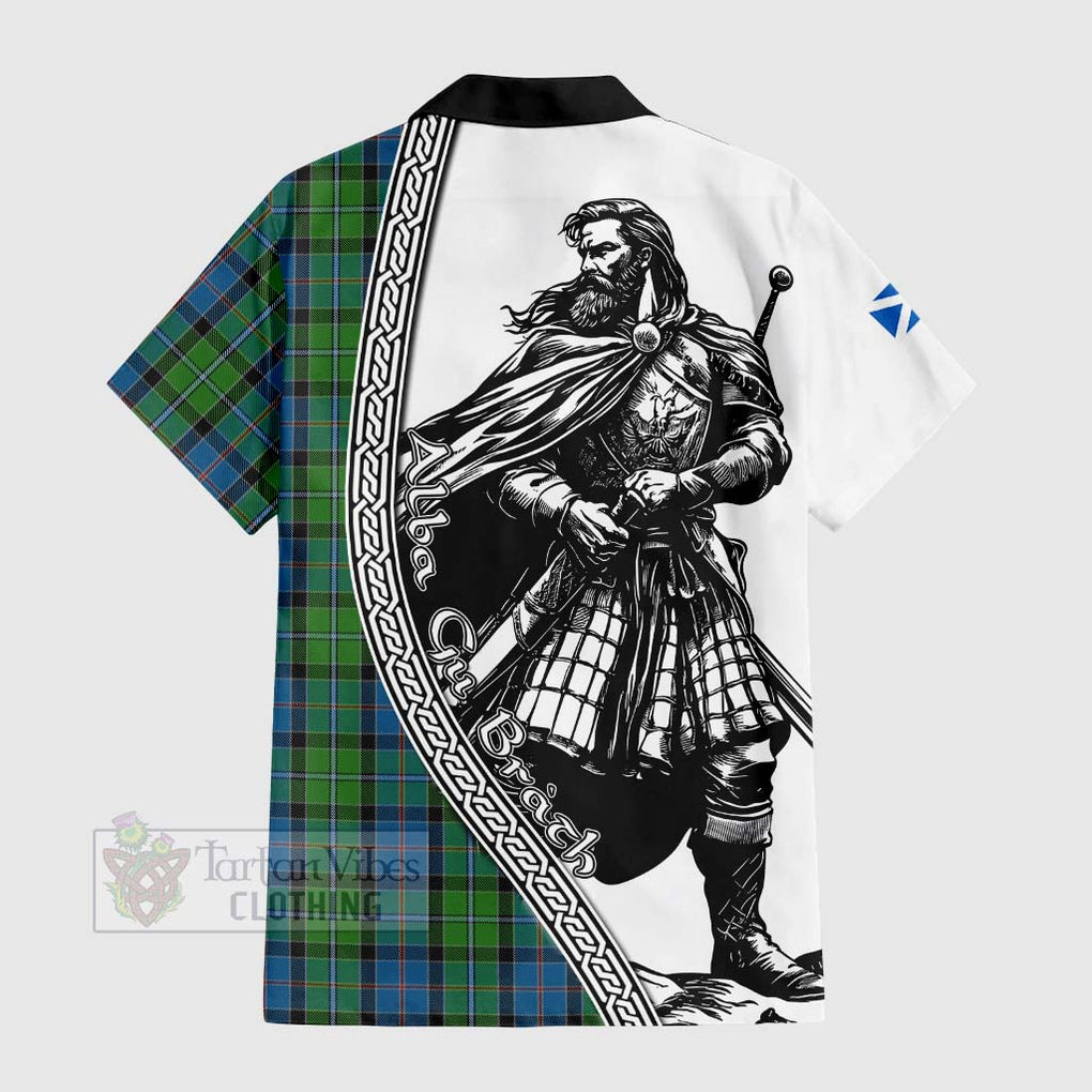 Tartan Vibes Clothing Stirling Tartan Clan Crest Short Sleeve Button Shirt with Highlander Warrior Celtic Style