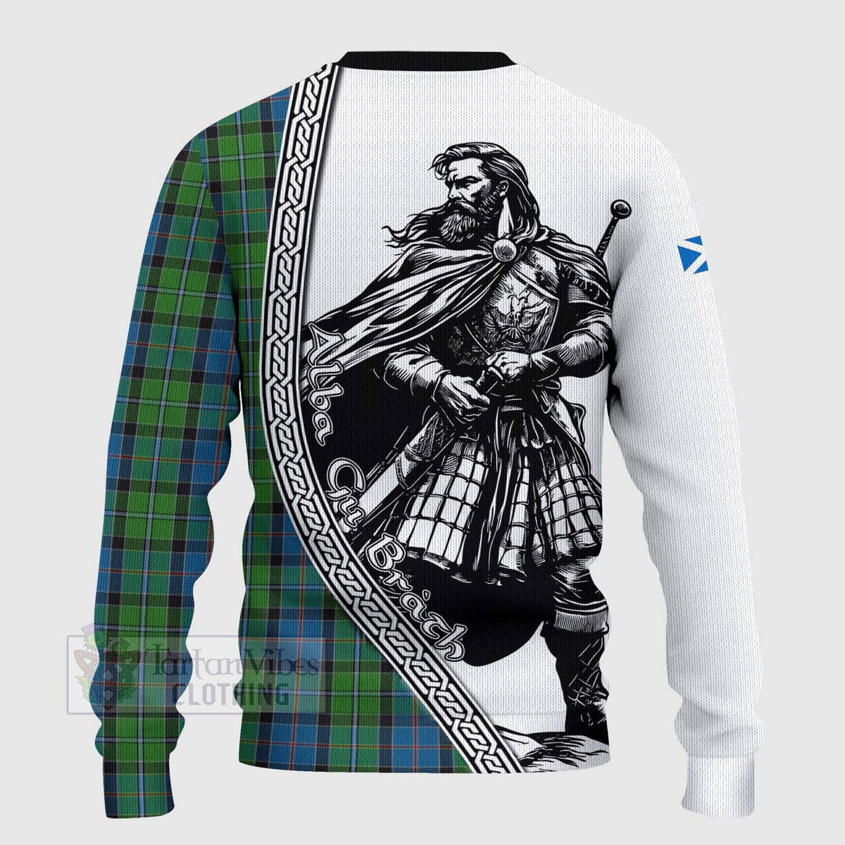 Stirling Tartan Clan Crest Knitted Sweater with Highlander Warrior Celtic Style - Tartan Vibes Clothing