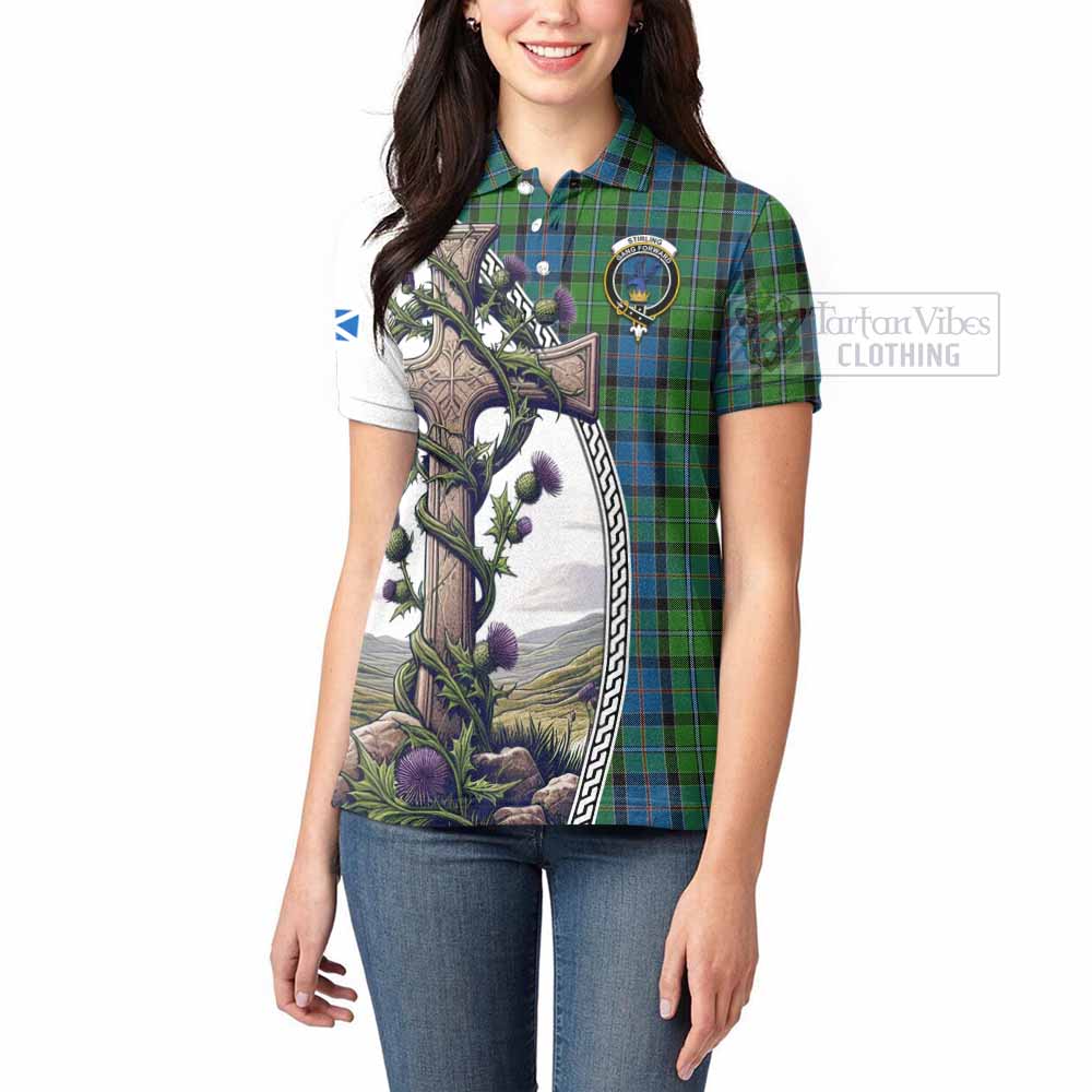 Tartan Vibes Clothing Stirling Tartan Women's Polo Shirt with Family Crest and St. Andrew's Cross Accented by Thistle Vines