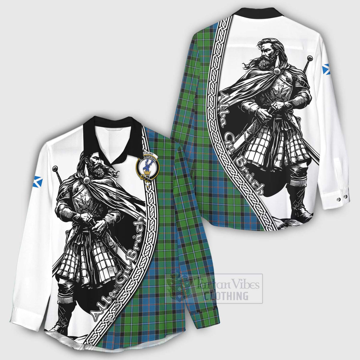 Stirling Tartan Clan Crest Women's Casual Shirt with Highlander Warrior Celtic Style - Tartan Vibes Clothing