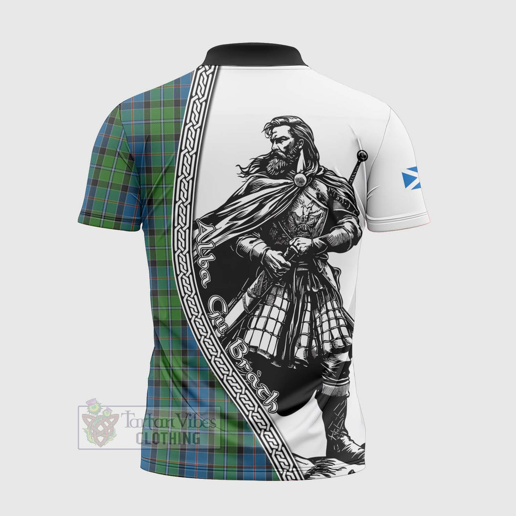 Stirling Tartan Clan Crest Zipper Polo Shirt with Highlander Warrior Celtic Style - Tartan Vibes Clothing
