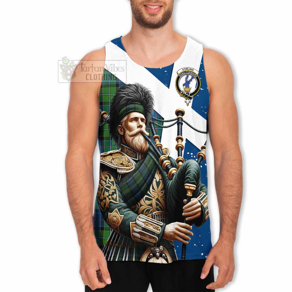 Stirling Tartan Men's Tank Top with Family Crest Scottish Bagpiper Vibes