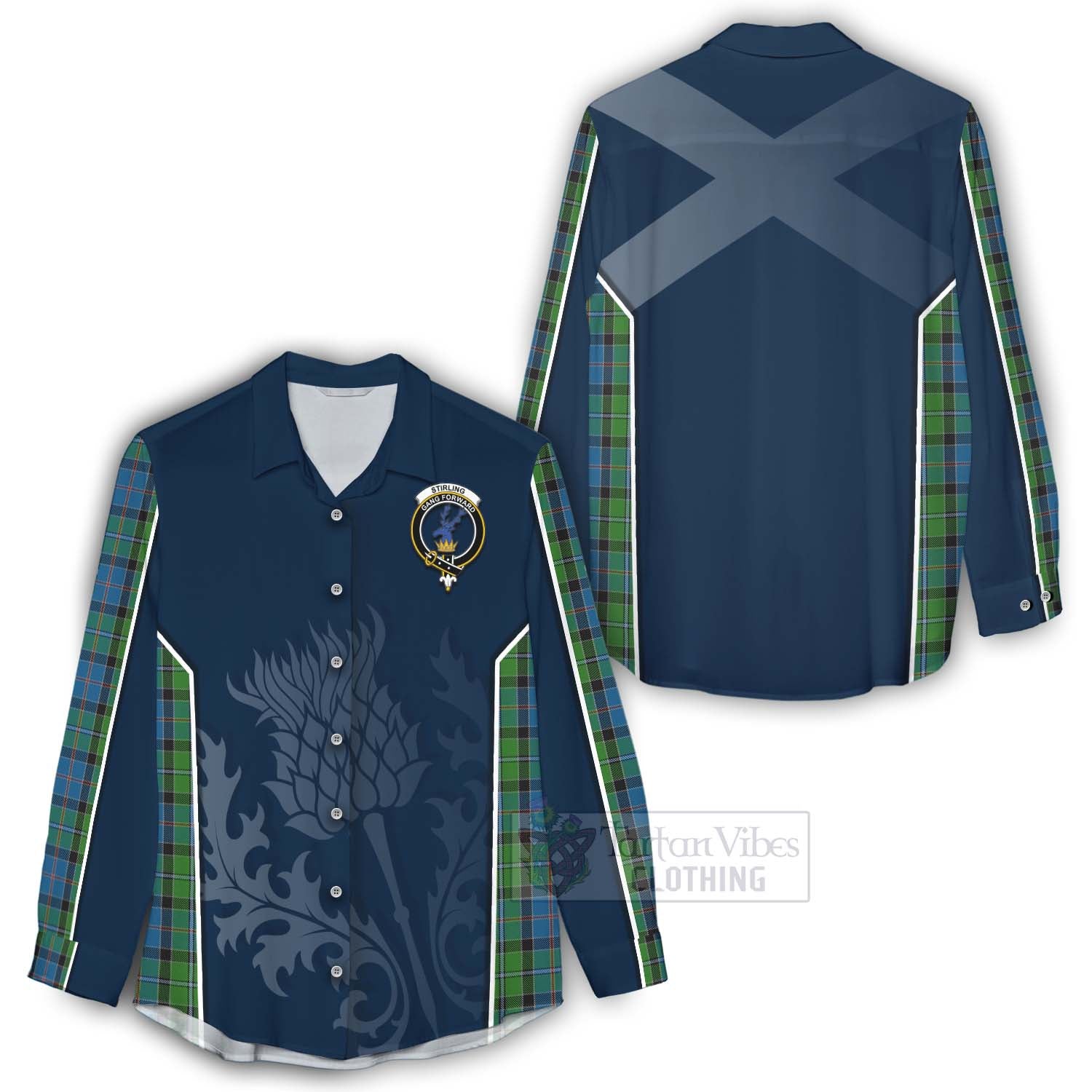 Tartan Vibes Clothing Stirling Tartan Women's Casual Shirt with Family Crest and Scottish Thistle Vibes Sport Style