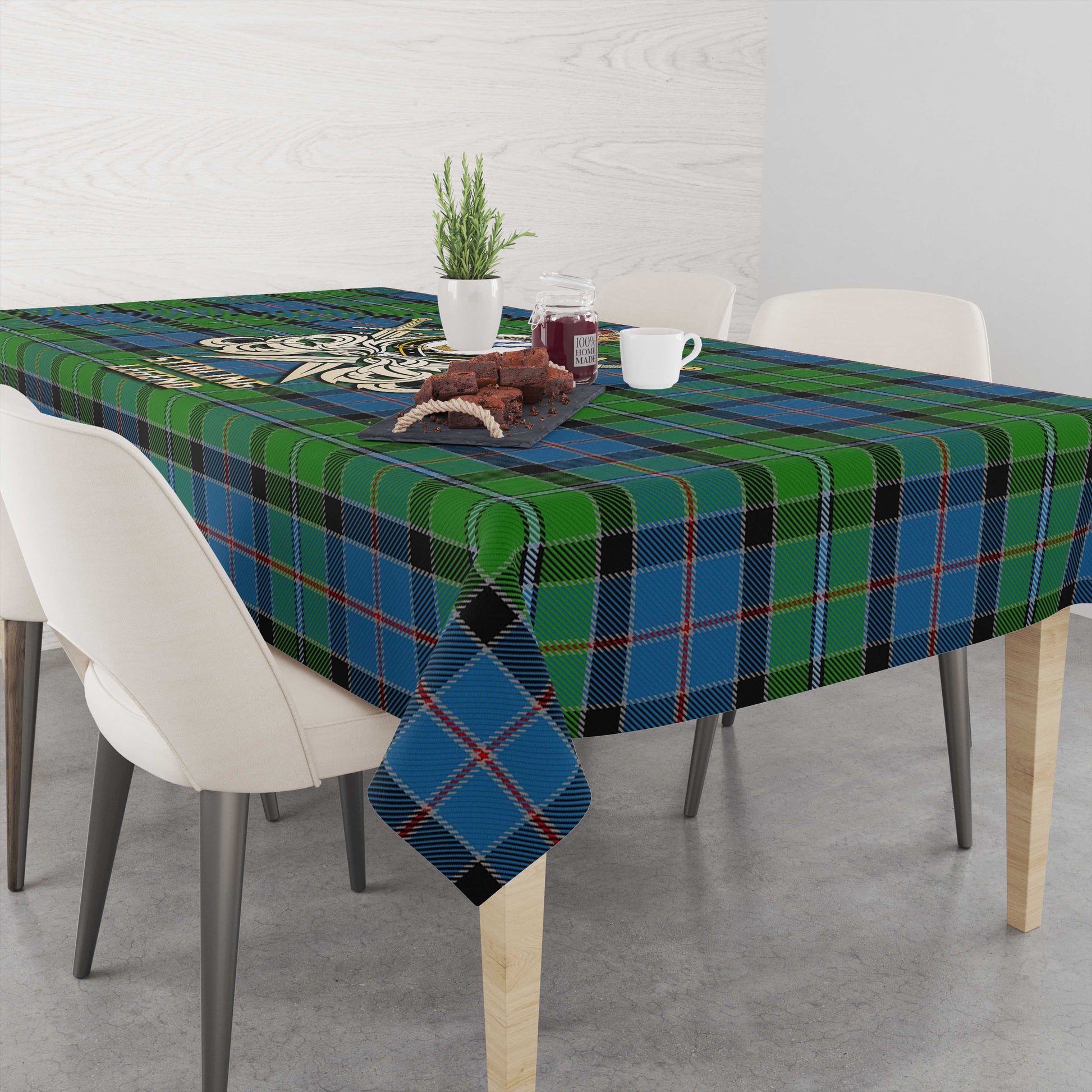 Tartan Vibes Clothing Stirling Tartan Tablecloth with Clan Crest and the Golden Sword of Courageous Legacy