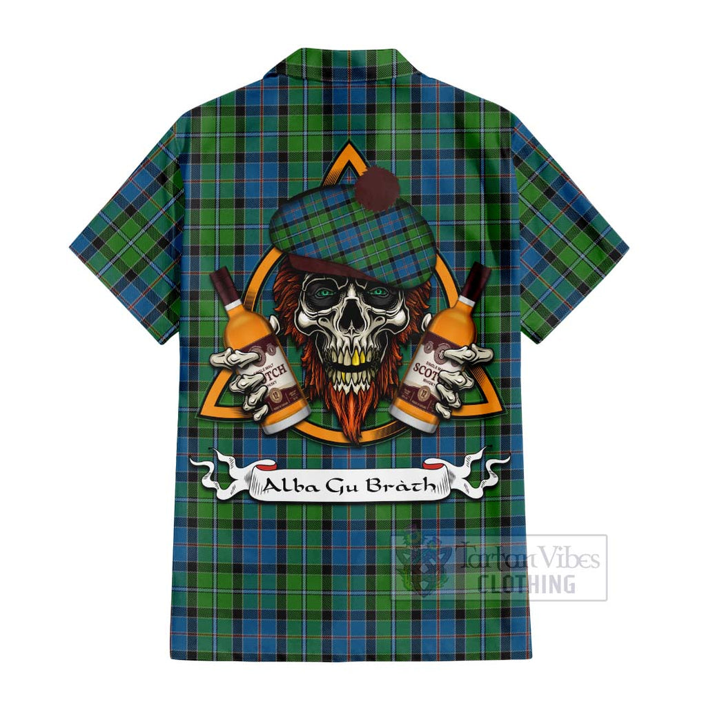 Tartan Vibes Clothing Stirling Tartan Short Sleeve Button Shirt with Family Crest and Bearded Skull Holding Bottles of Whiskey