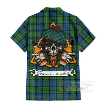 Stirling Tartan Short Sleeve Button Shirt with Family Crest and Bearded Skull Holding Bottles of Whiskey