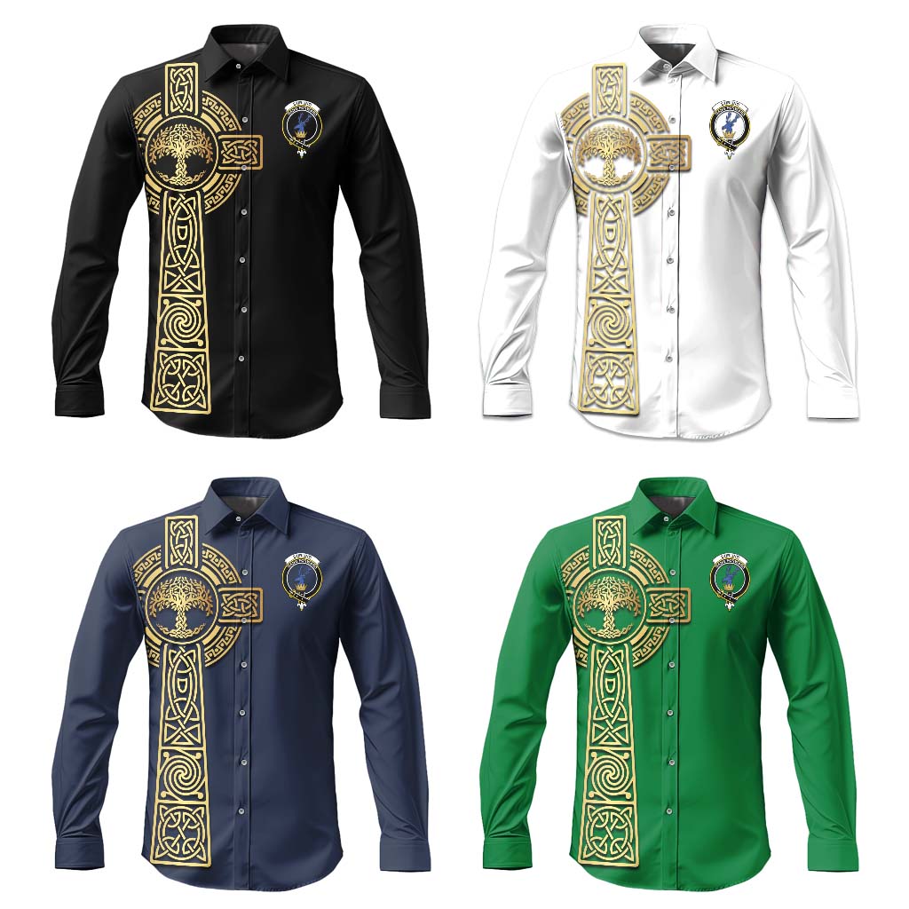 Stirling Clan Mens Long Sleeve Button Up Shirt with Golden Celtic Tree Of Life Men's Shirt - Tartanvibesclothing