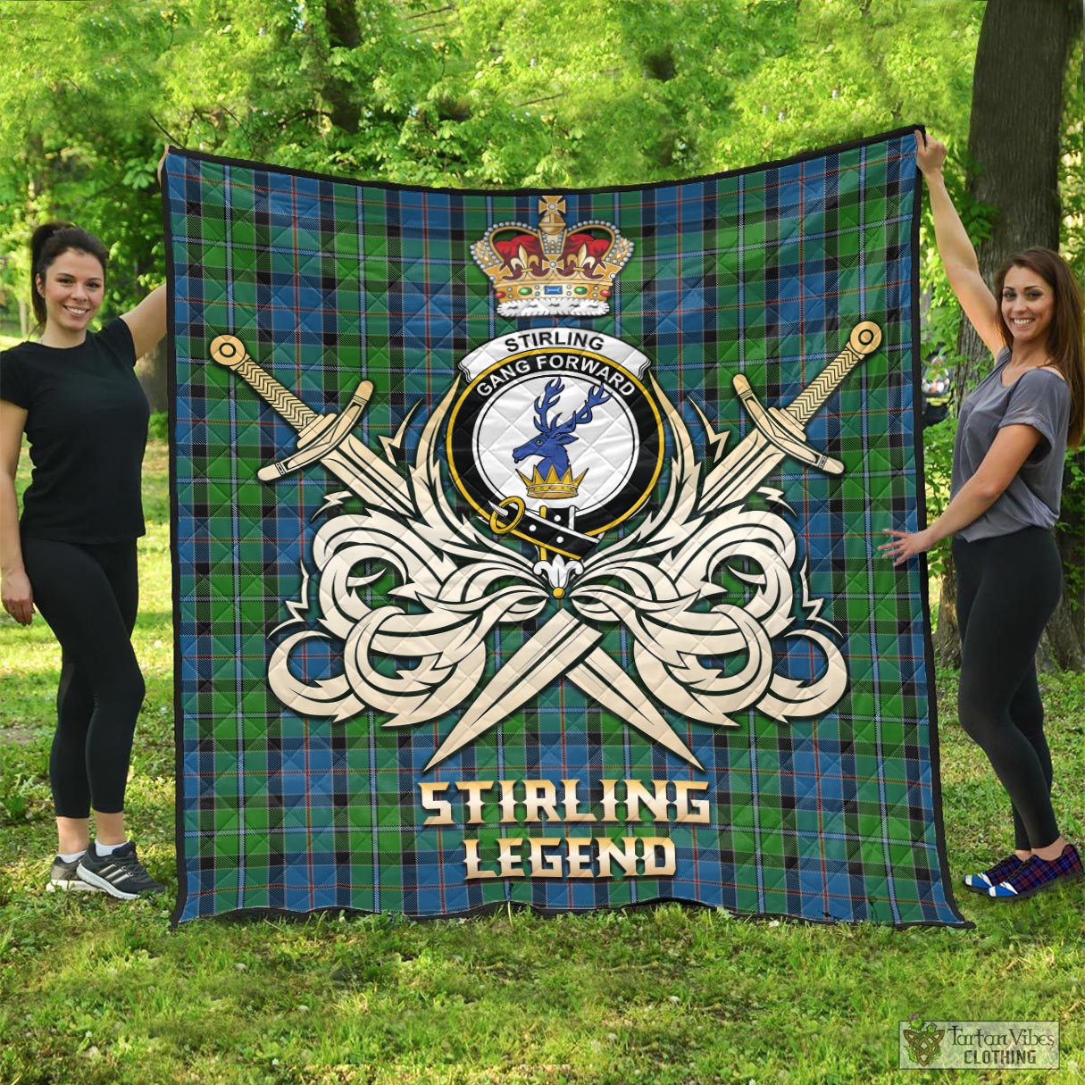 Tartan Vibes Clothing Stirling Tartan Quilt with Clan Crest and the Golden Sword of Courageous Legacy