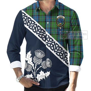 Stirling Tartan Long Sleeve Button Shirt Featuring Thistle and Scotland Map