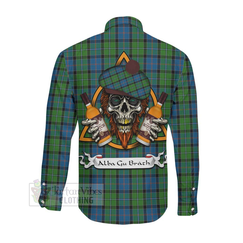 Tartan Vibes Clothing Stirling Tartan Long Sleeve Button Shirt with Family Crest and Bearded Skull Holding Bottles of Whiskey