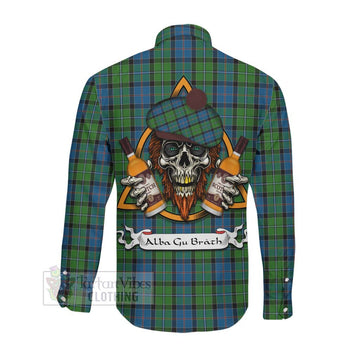 Stirling Tartan Long Sleeve Button Shirt with Family Crest and Bearded Skull Holding Bottles of Whiskey