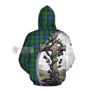 Stirling Tartan Cotton Hoodie with Family Crest and St. Andrew's Cross Accented by Thistle Vines Pullover Hoodie - Tartan Vibes Clothing
