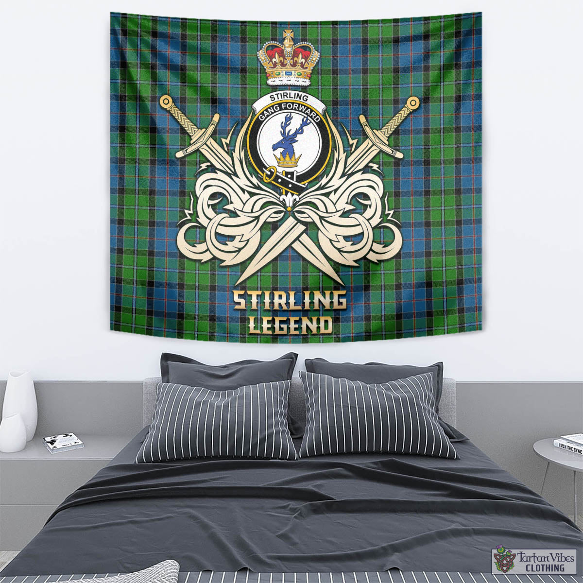 Tartan Vibes Clothing Stirling Tartan Tapestry with Clan Crest and the Golden Sword of Courageous Legacy