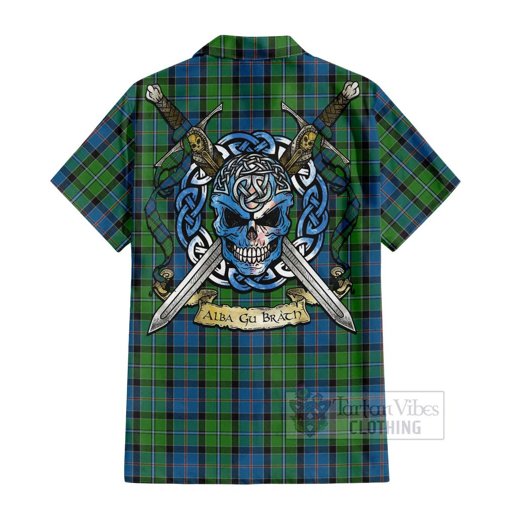 Tartan Vibes Clothing Stirling Tartan Short Sleeve Button Shirt with Family Crest Celtic Skull Style