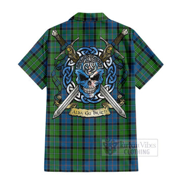 Stirling Tartan Short Sleeve Button Shirt with Family Crest Celtic Skull Style