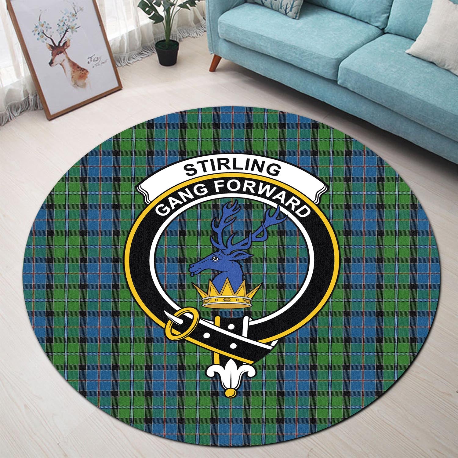 stirling-tartan-round-rug-with-family-crest