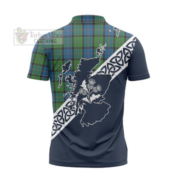 Stirling Tartan Zipper Polo Shirt Featuring Thistle and Scotland Map - Tartanvibesclothing Store