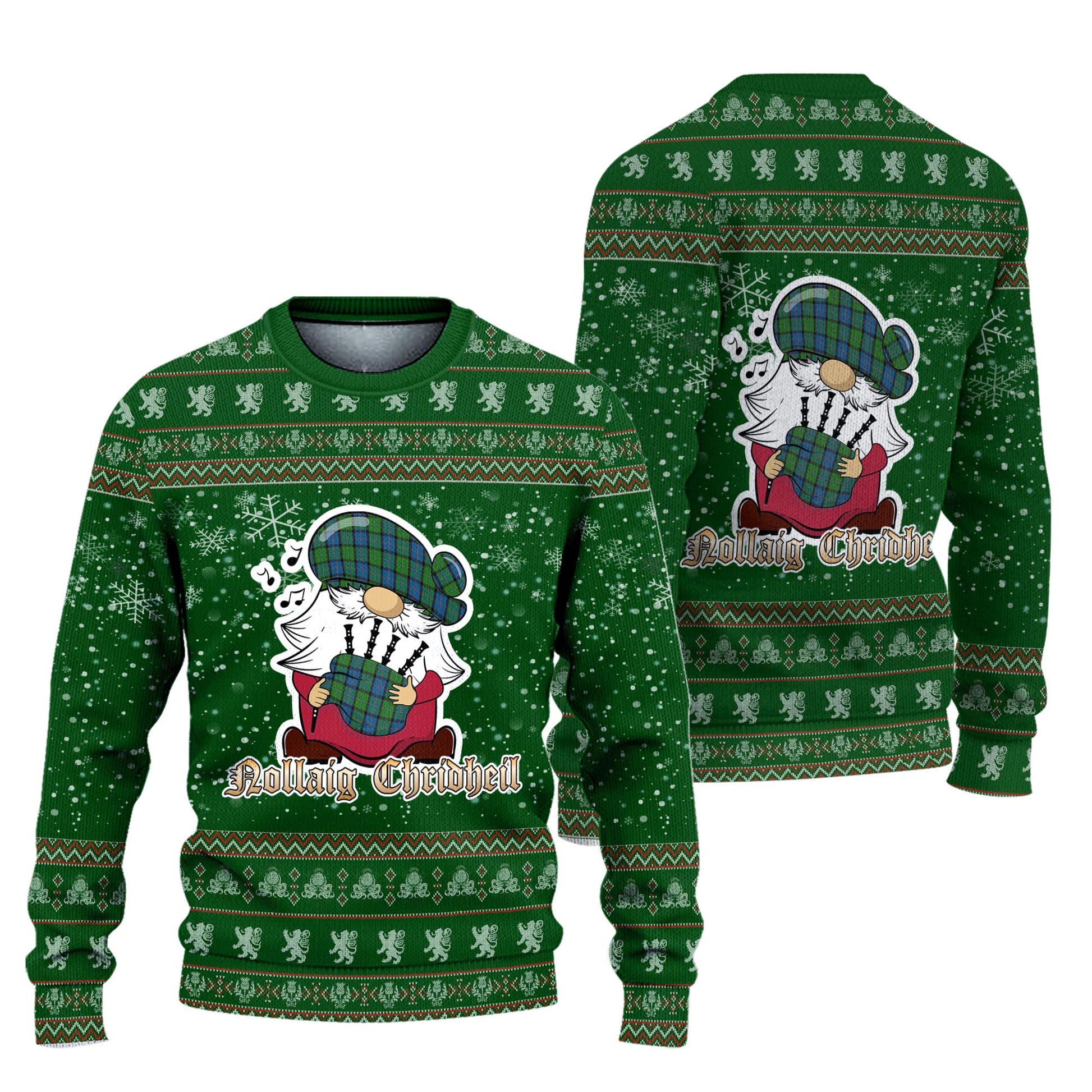 Stirling Clan Christmas Family Knitted Sweater with Funny Gnome Playing Bagpipes Unisex Green - Tartanvibesclothing