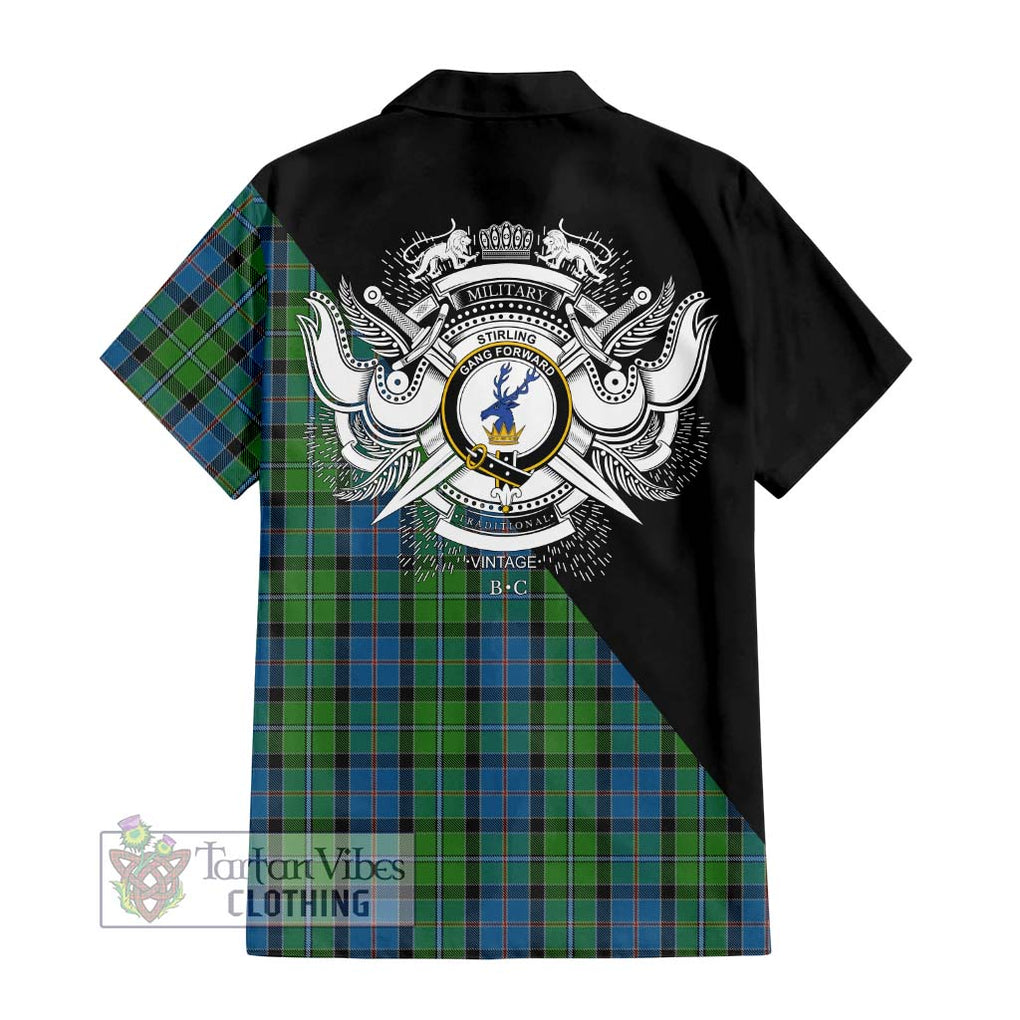 Stirling Tartan Short Sleeve Button Shirt with Family Crest and Military Logo Style - Tartanvibesclothing Shop